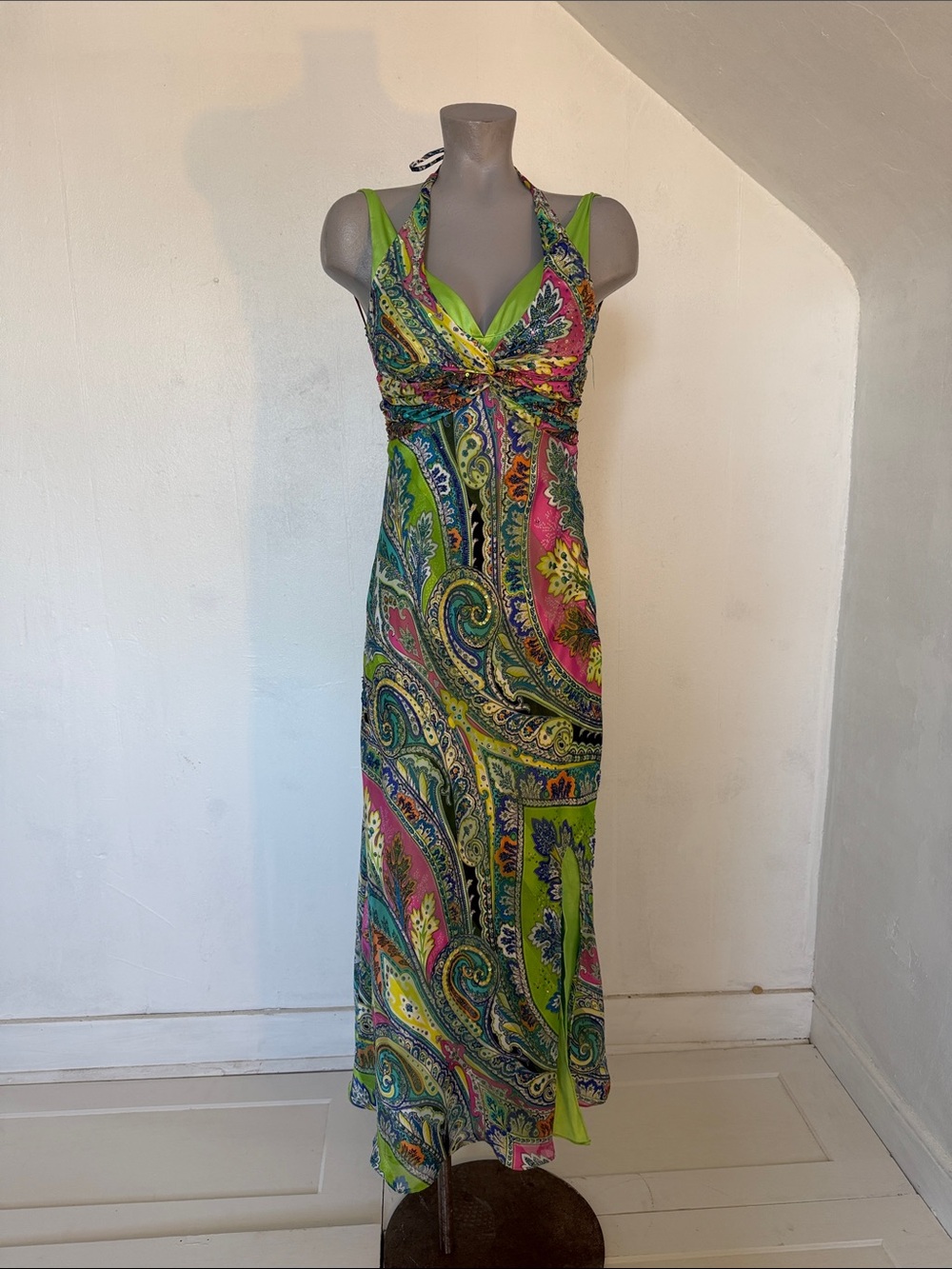 Mary L Couture Green Multi Paisley Halter Maxi Dress Size 4